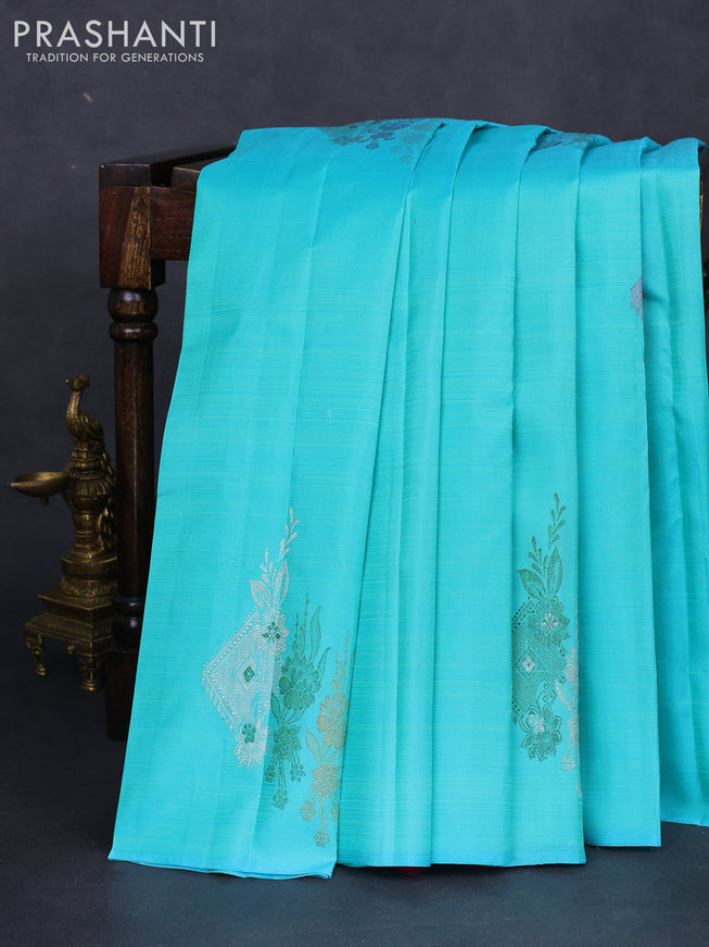 Pure kanchipuram silk saree teal blue and pink with thread & silver woven buttas in borderless style