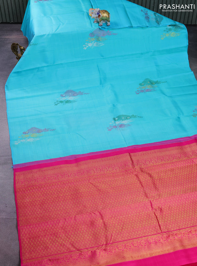 Pure kanchipuram silk saree teal blue and pink with thread & silver woven buttas in borderless style