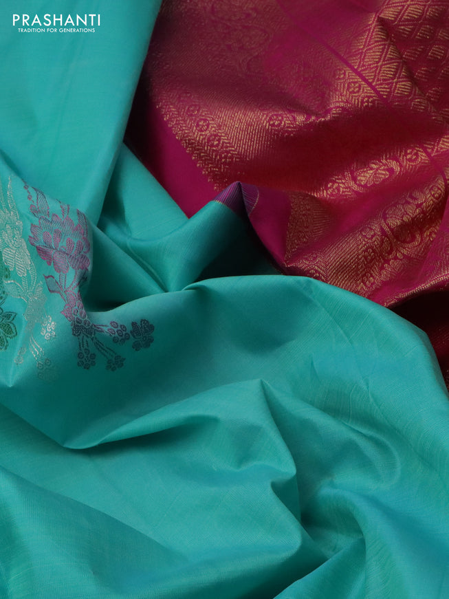 Pure kanchipuram silk saree teal blue and pink with thread & silver woven buttas in borderless style