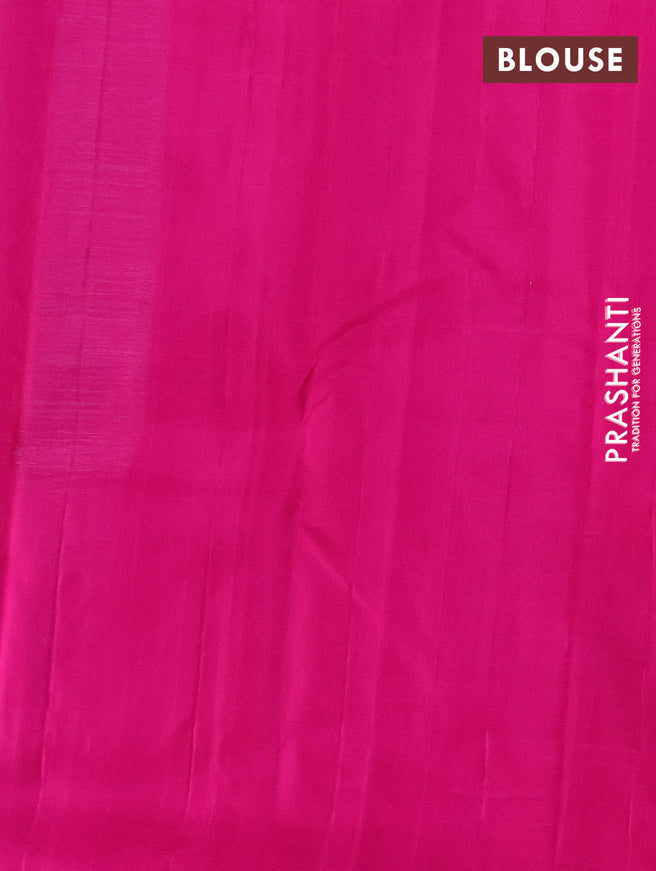 Pure kanchipuram silk saree teal blue and pink with thread & silver woven buttas in borderless style