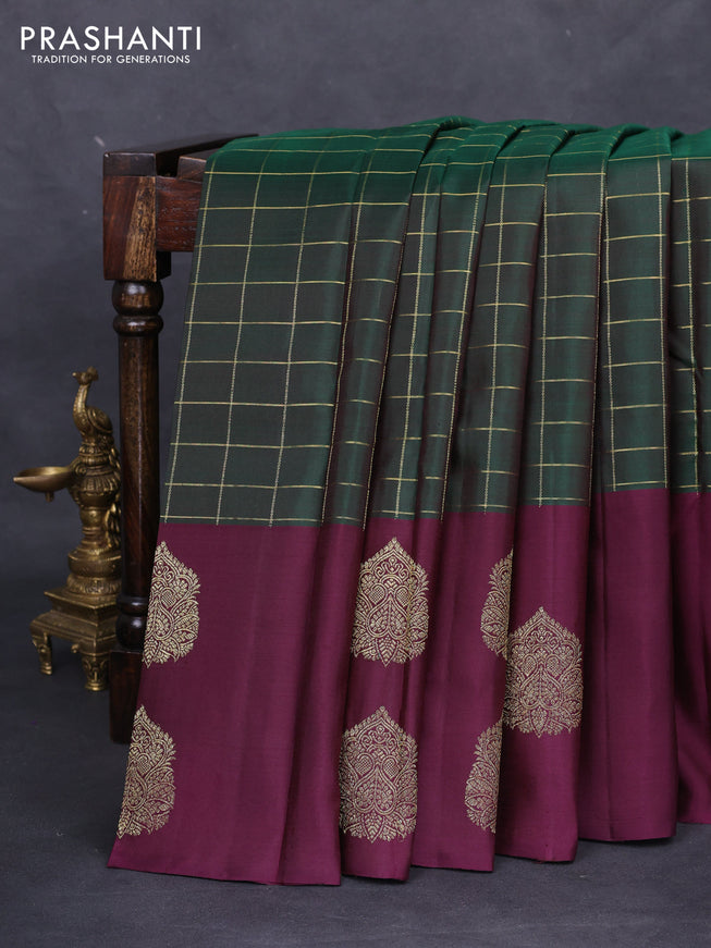Pure kanchipuram silk saree bottle green and wine shade with allover zari checks and zari woven butta border