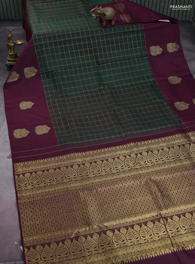 Pure kanchipuram silk saree bottle green and wine shade with allover zari checks and zari woven butta border