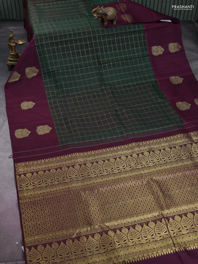 Pure kanchipuram silk saree bottle green and wine shade with allover zari checks and zari woven butta border