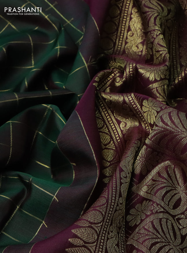 Pure kanchipuram silk saree bottle green and wine shade with allover zari checks and zari woven butta border