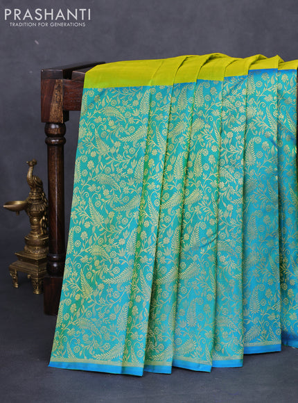 Pure kanchipuram silk saree light green and teal blue with zari woven buttas and long rich zari woven border