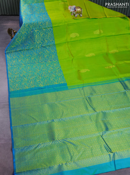 Pure kanchipuram silk saree light green and teal blue with zari woven buttas and long rich zari woven border