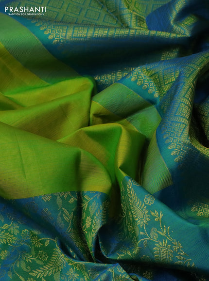 Pure kanchipuram silk saree light green and teal blue with zari woven buttas and long rich zari woven border