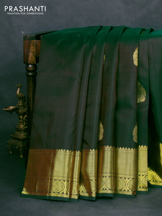Pure kanchipuram silk saree dual shade of bottle green with zari woven buttas and zari woven border