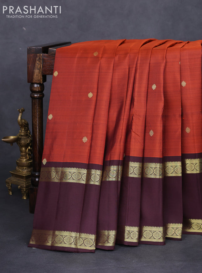 Pure kanchipuram silk saree rustic orange and brown with zari woven buttas and rettapet zari woven border