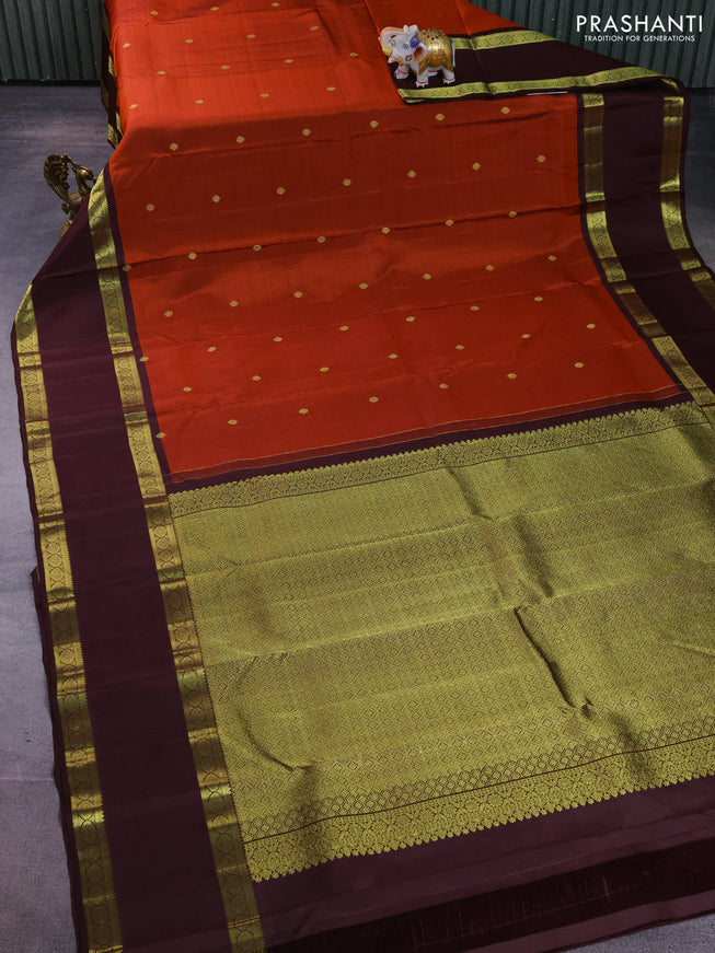Pure kanchipuram silk saree rustic orange and brown with zari woven buttas and rettapet zari woven border
