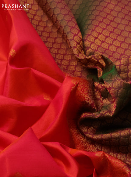 Pure kanchipuram silk saree dual shade of pinkish orange and dual shade of green with zari woven buttas and zari woven simple border