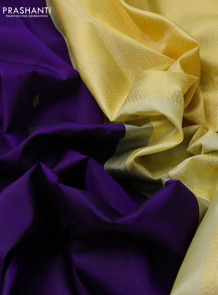 Pure kanchipuram silk saree blue and pale yellow with zari woven buttas and zari woven korvai border