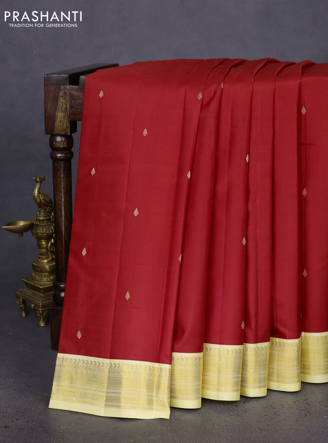 Pure kanchipuram silk saree red and pale yellow with zari woven buttas and zari woven korvai border