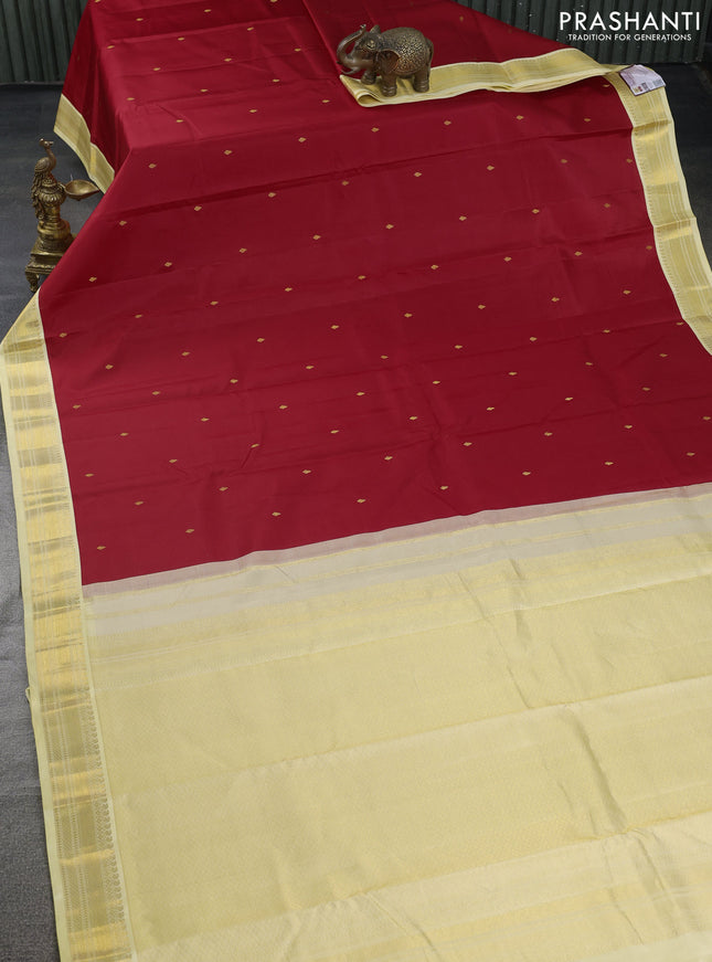 Pure kanchipuram silk saree red and pale yellow with zari woven buttas and zari woven korvai border