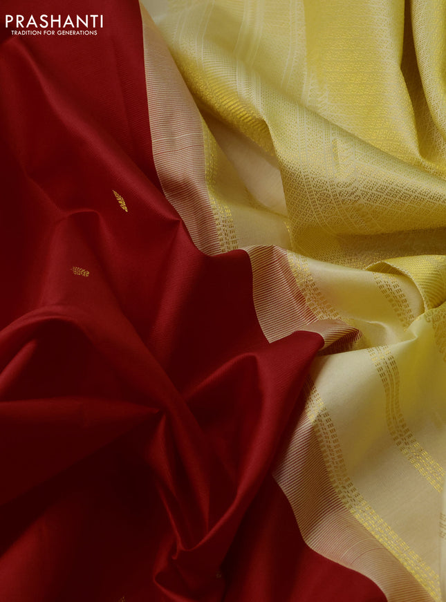 Pure kanchipuram silk saree red and pale yellow with zari woven buttas and zari woven korvai border