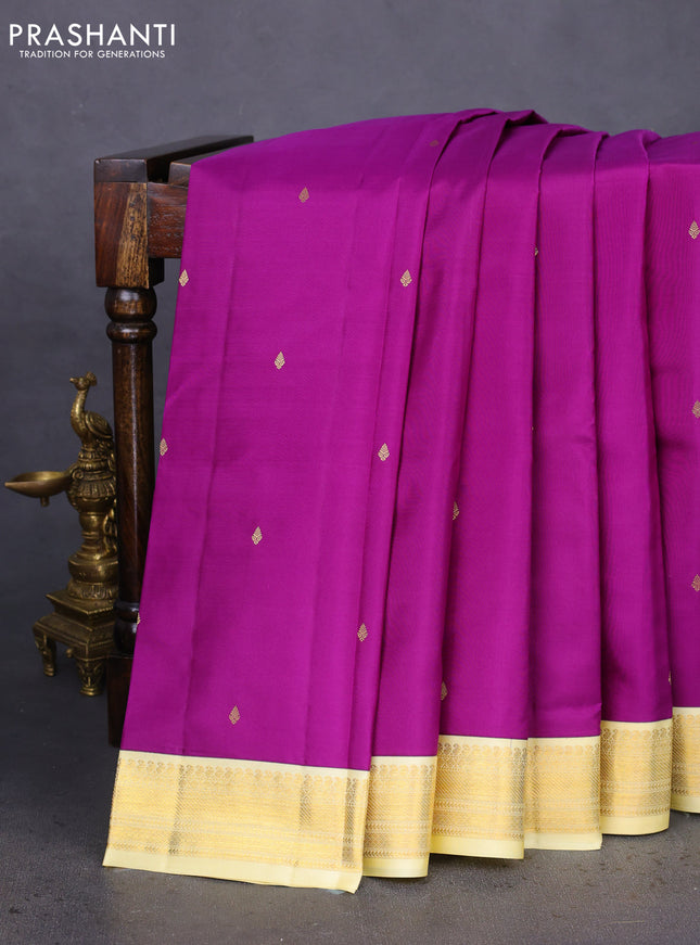 Pure kanchipuram silk saree purple and cream with zari woven buttas and zari woven korvai border