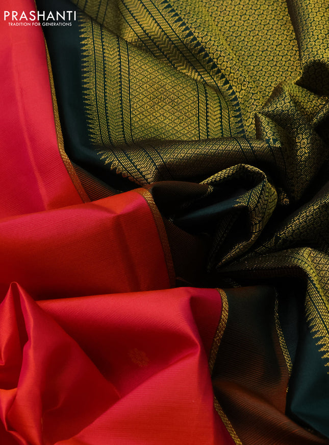 Pure kanchipuram silk saree dual shade of pinkish orange and bottle green with zari woven buttas and zari woven korvai border