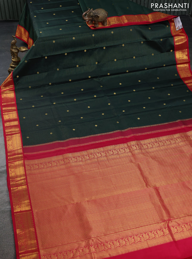 Pure kanchipuram silk saree green and pink with vairaosi pattern & zari buttas and zari woven korvai border
