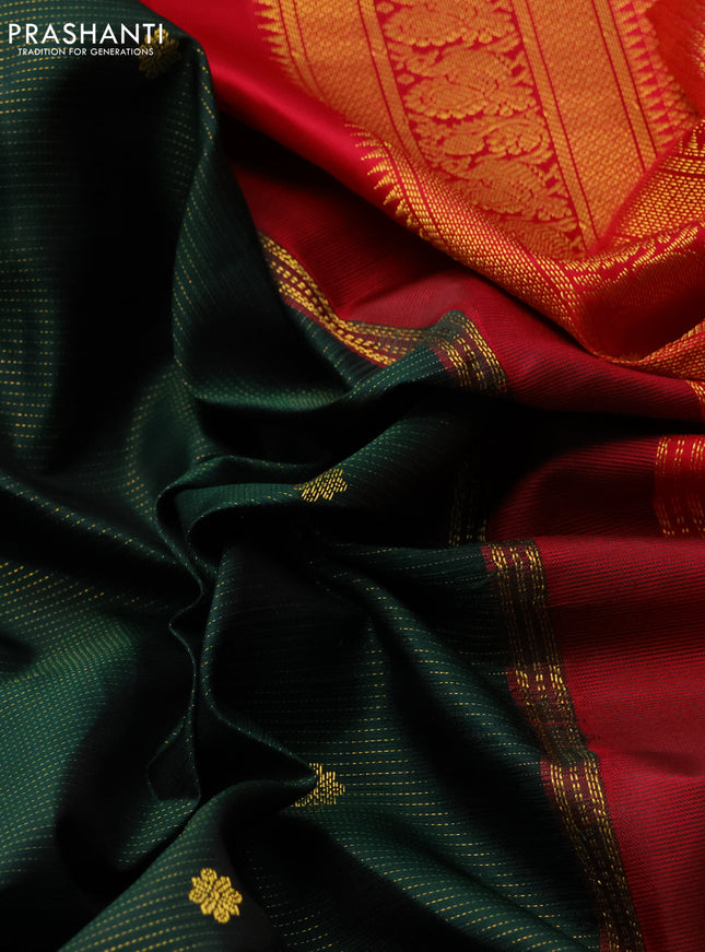 Pure kanchipuram silk saree green and pink with vairaosi pattern & zari buttas and zari woven korvai border