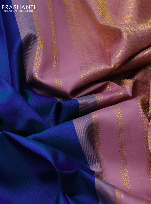 Pure kanchipuram silk saree dual shade of teal blue and mauve pink with zari woven buttas and zari woven korvai border