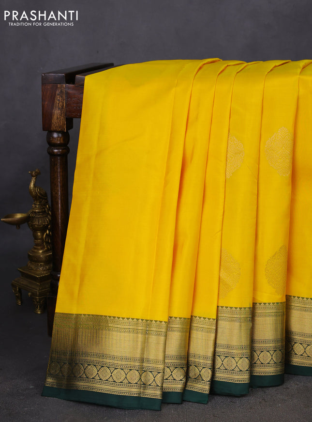 Pure kanchipuram silk saree yellow and green with zari woven buttas and zari woven border