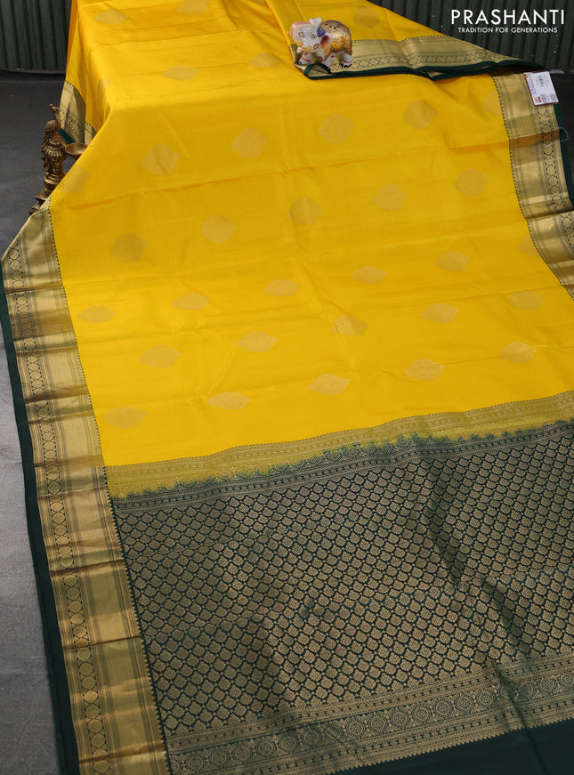 Pure kanchipuram silk saree yellow and green with zari woven buttas and zari woven border