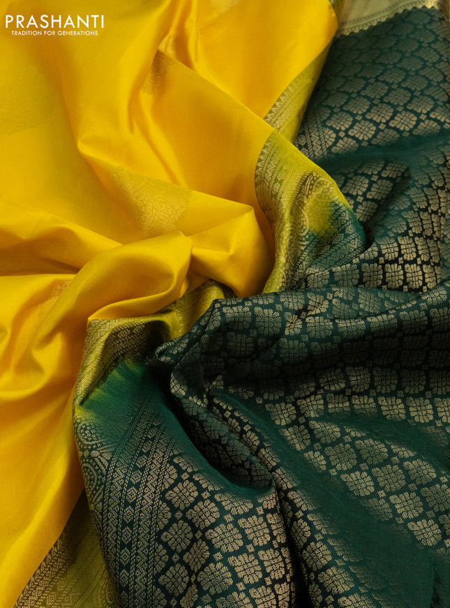 Pure kanchipuram silk saree yellow and green with zari woven buttas and zari woven border