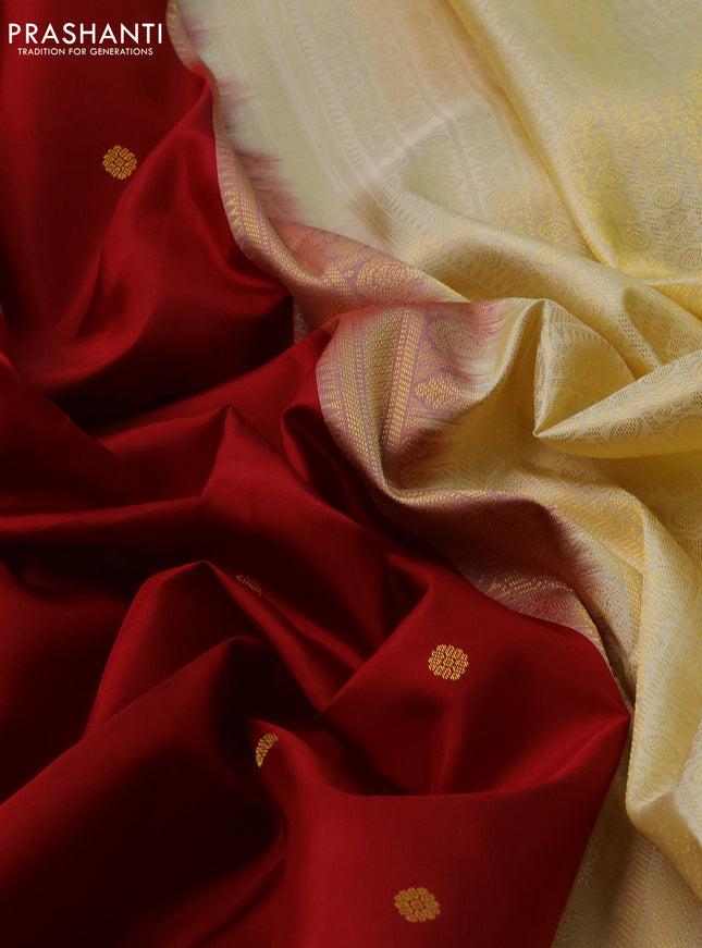 Pure kanchipuram silk saree maroon and cream with zari woven buttas and zari woven korvai border