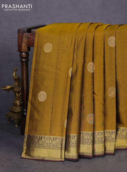 Pure kanchipuram silk saree mehendi green and coffee brown with zari woven buttas and zari woven border