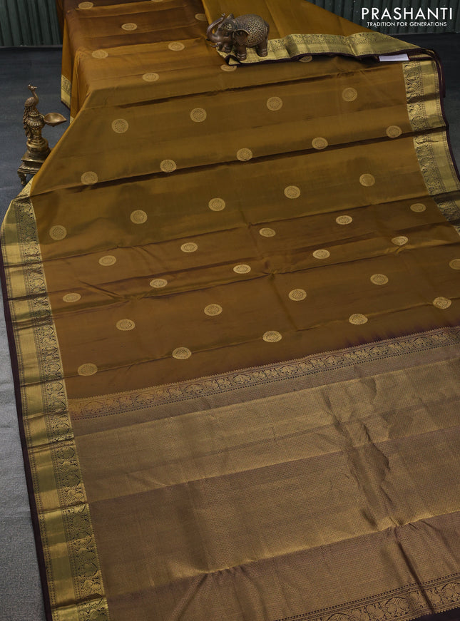 Pure kanchipuram silk saree mehendi green and coffee brown with zari woven buttas and zari woven border