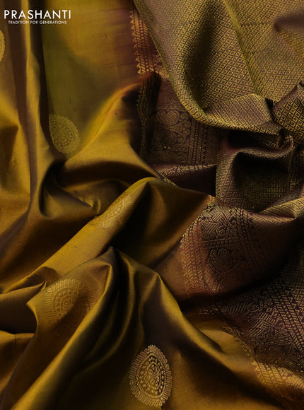 Pure kanchipuram silk saree mehendi green and coffee brown with zari woven buttas and zari woven border