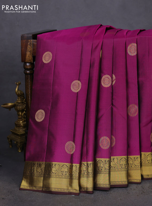 Pure kanchipuram silk saree purple and coffee brown with zari woven buttas and zari woven border