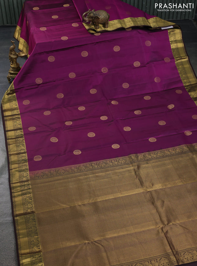 Pure kanchipuram silk saree purple and coffee brown with zari woven buttas and zari woven border