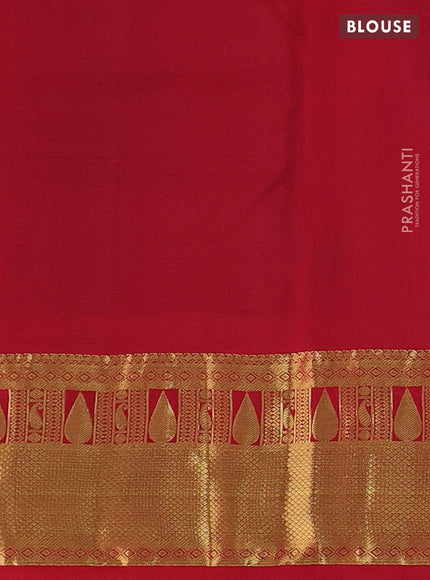 Pure kanchipuram silk saree dual shade of bluish green and red with allover zari woven 1000 buttas and zari woven border