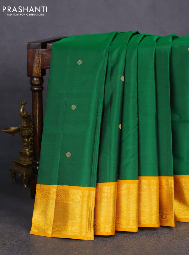 Pure kanchipuram silk saree green and mustard yellow with zari woven buttas and zari woven korvai border