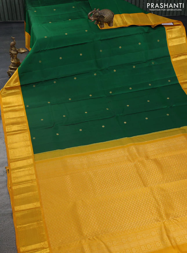Pure kanchipuram silk saree green and mustard yellow with zari woven buttas and zari woven korvai border