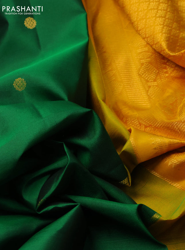 Pure kanchipuram silk saree green and mustard yellow with zari woven buttas and zari woven korvai border