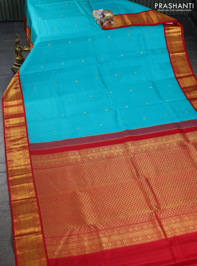 Pure kanchipuram silk saree teal blue and red with zari woven buttas and zari woven korvai border