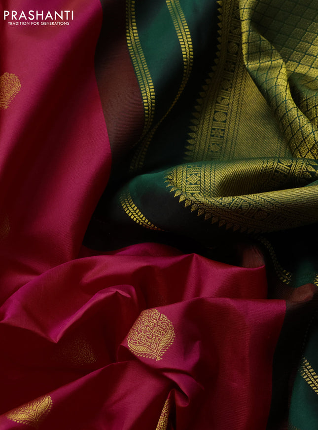 Pure kanchipuram silk saree dual shade of pink and green with zari woven buttas and zari woven korvai border