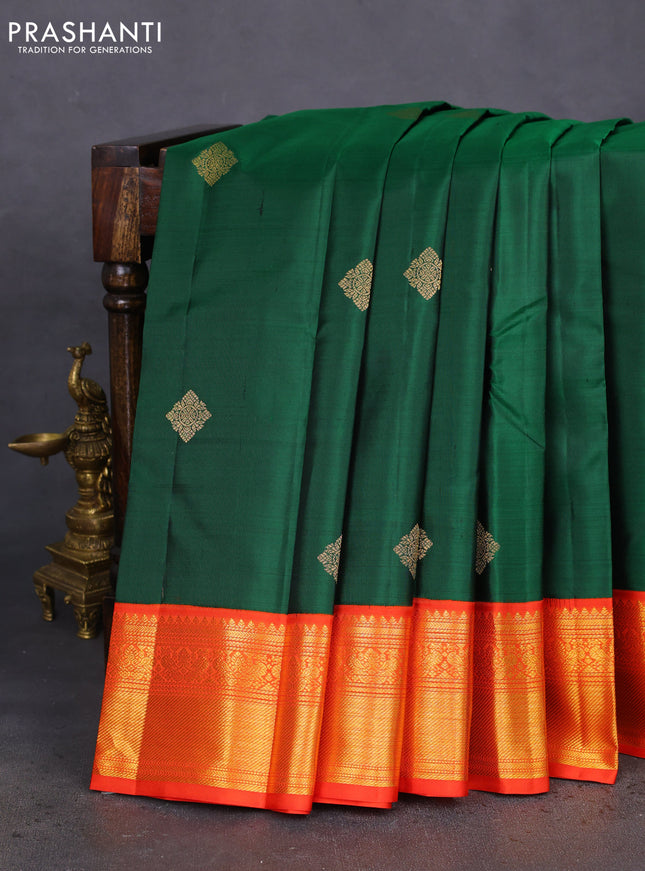 Pure kanchipuram silk saree green and orange with zari woven buttas and zari woven korvai border