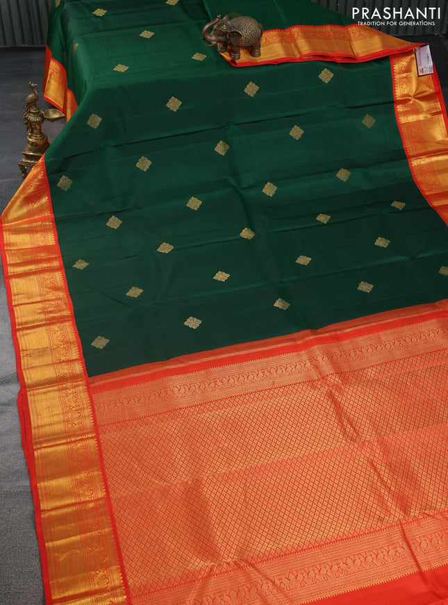 Pure kanchipuram silk saree green and orange with zari woven buttas and zari woven korvai border