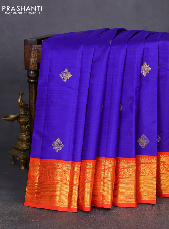 Pure kanchipuram silk saree blue and orange with zari woven buttas and zari woven korvai border