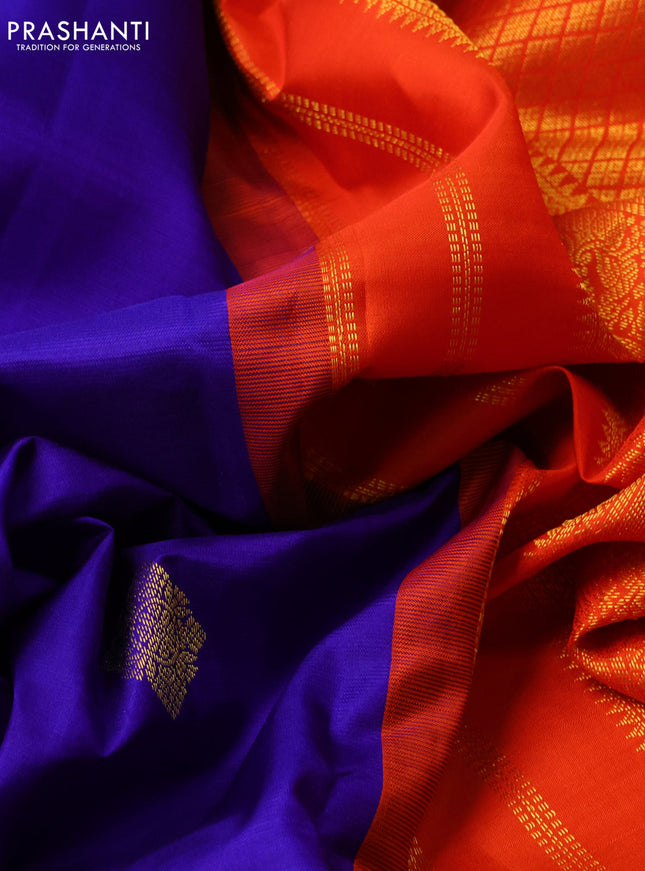 Pure kanchipuram silk saree blue and orange with zari woven buttas and zari woven korvai border