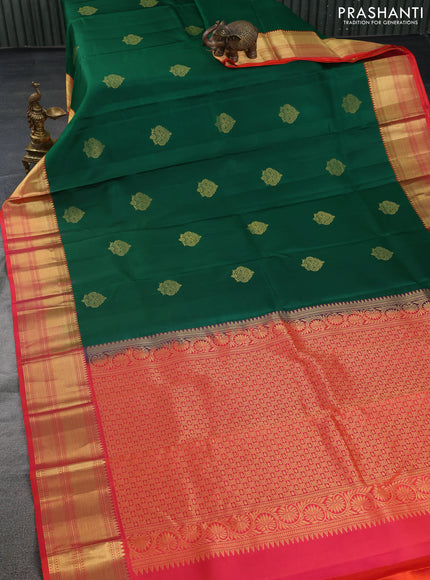 Pure kanchipuram silk saree green and dual shade of pinkish orange with zari woven buttas and zari woven border