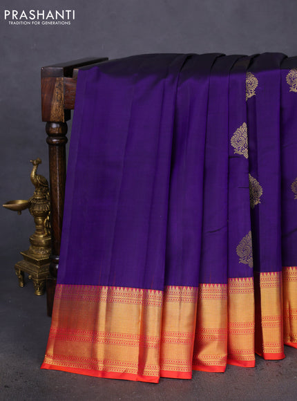 Pure kanchipuram silk saree violet and dual shade of pinkish orange with zari woven buttas and zari woven border