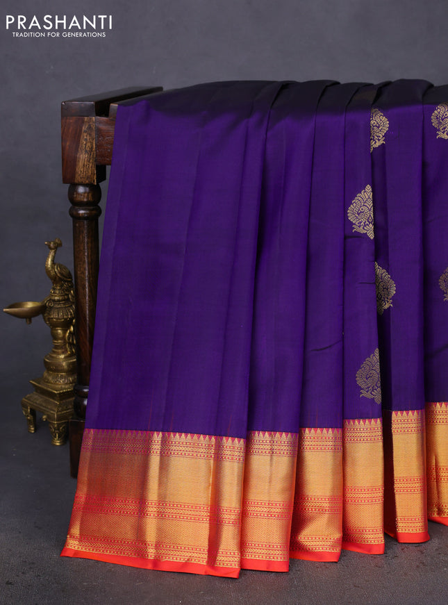 Pure kanchipuram silk saree violet and dual shade of pinkish orange with zari woven buttas and zari woven border