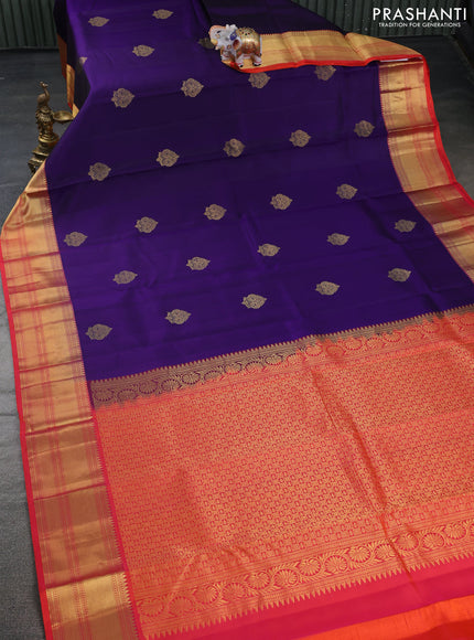 Pure kanchipuram silk saree violet and dual shade of pinkish orange with zari woven buttas and zari woven border