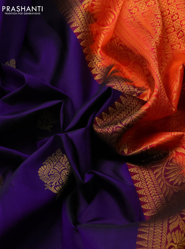 Pure kanchipuram silk saree violet and dual shade of pinkish orange with zari woven buttas and zari woven border