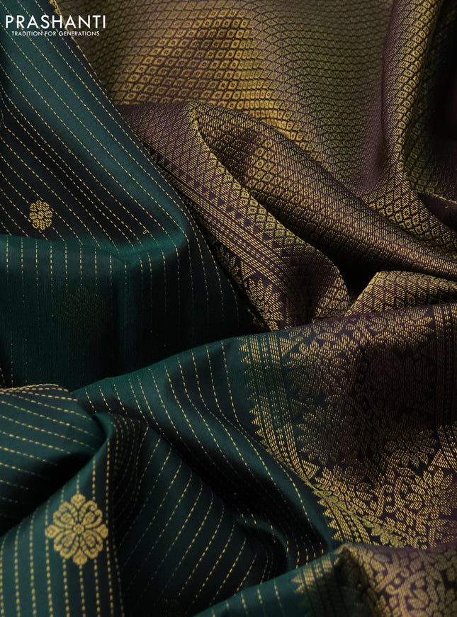 Pure kanchipuram silk saree bottle green and deep wine shade with allover zari weaves & buttas and zari wove border