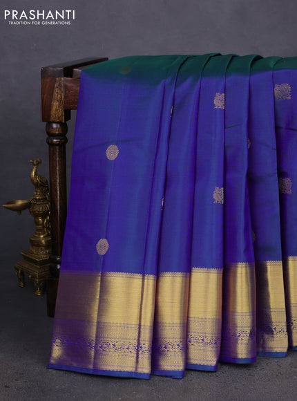 Pure kanchipuram silk saree dual shade of bluish green and red with annam & rudhraksha zari woven buttas and rich zari woven border